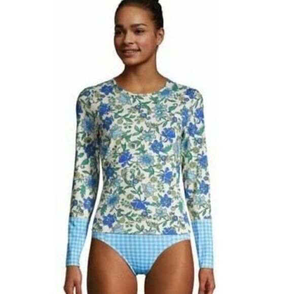 Land’s End Long sleeve Lotus gingham rash guard blues greens floral size XS - Picture 1 of 6